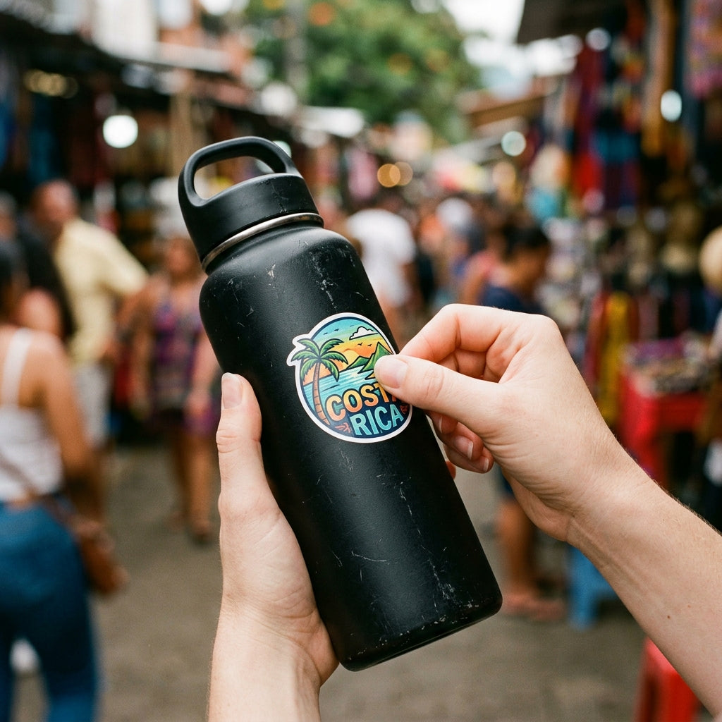 Applying travel sticker to the bottle
