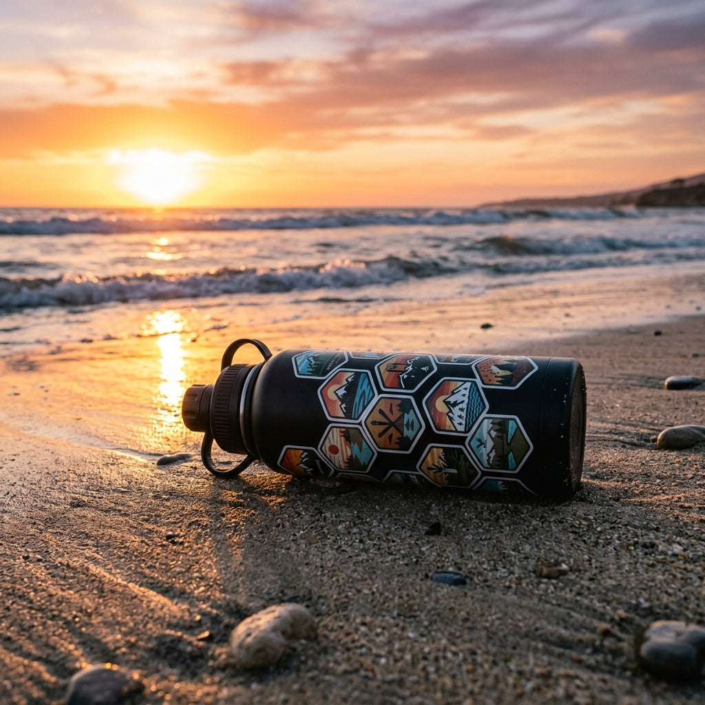 Travel bottle on sandy beach at sunset